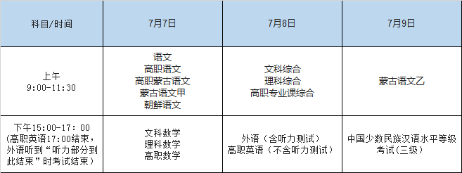 2020年锡林郭勒盟普通高考科目时间表安排