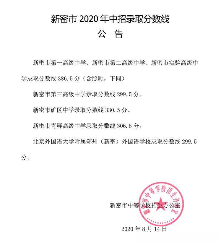新密北京外国语附属学校录取分数线2020