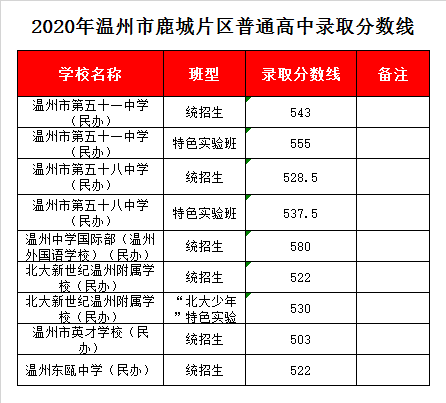 温州市第五十一中学录取分数线2020