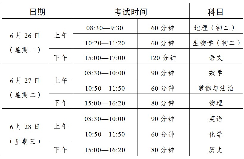 清远市初中学业水平考试时间